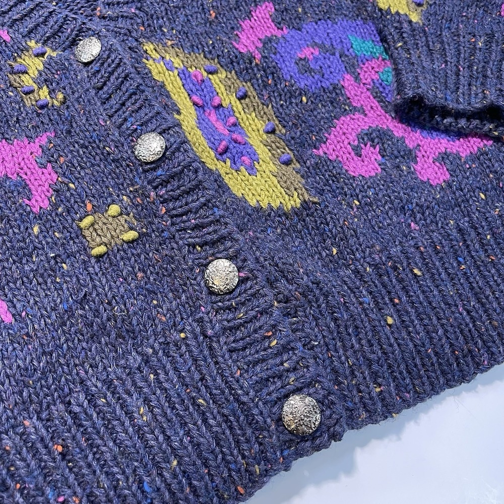 Gallagher Vintage Hand Knit Sweater Cardigan Navy Pink Turquoise Women's Large - Picture 6 of 14